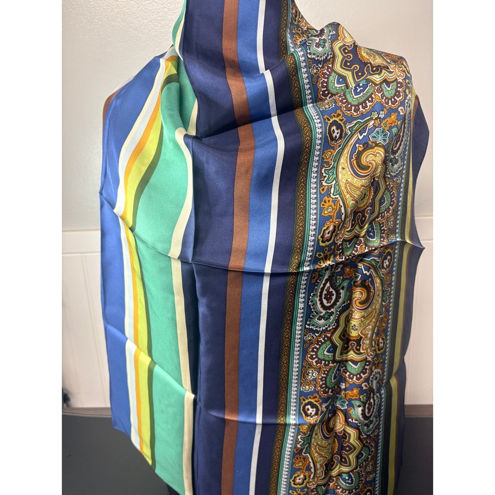 Talbots Silk Scarf Navy Blue Green Paisley Striped Square 26x26 NWT